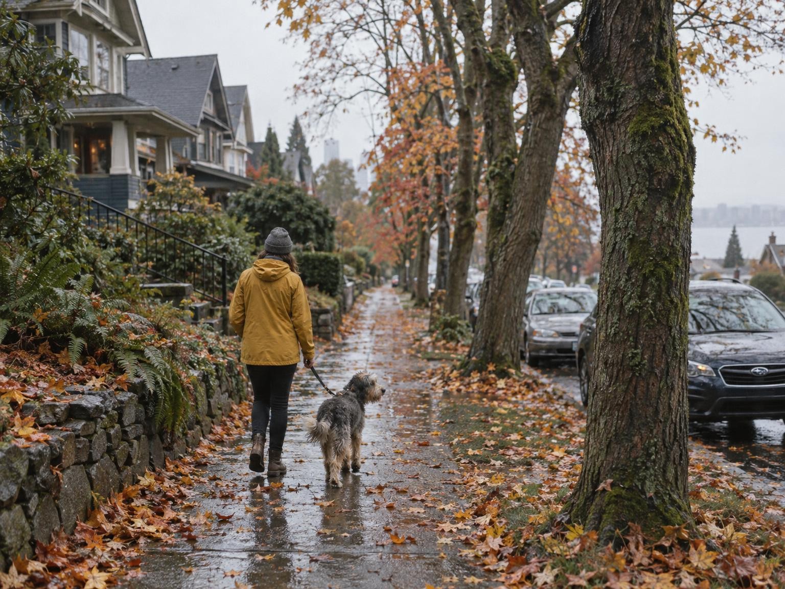 A Daily Loop walker in a yellow rain jacket walking a golden doodle around Green Lake